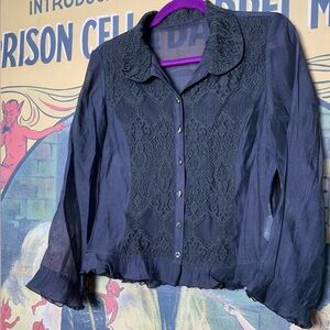 Dark Plum Purple & Black Lace Sheer Longsleeve Blouse with Peter Pan Collar